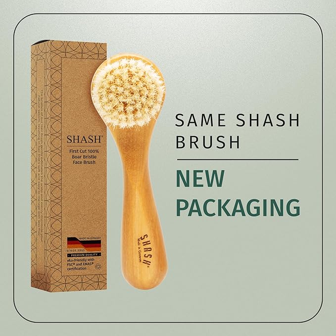 SHASH Made in Germany Hand Made Since 1869 First Cut 100% Boar Bristle - Exfoliating Face Brush, Scrub Cleansing Brush, Exfoliates Skin to Help Reduce Flaking, Fine Lines, Supports Glowing Complexion