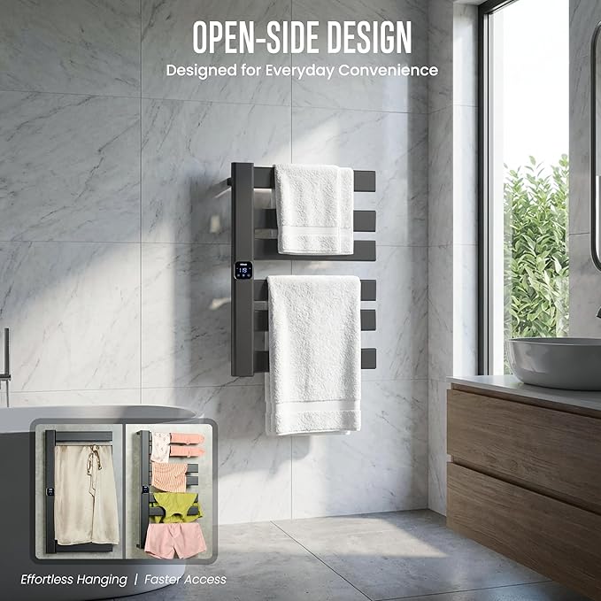 Towel Warmer, Heated Towel Rack with Built-in Timer and Temperature Control,Hard-Wired(Left-Wiring)/Plug-in Wall-Mounted Towel Rail, Aluminum，18.8" W X 25.6" H, Black