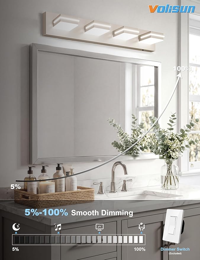 VOLISUN Modern Bathroom Vanity Light Fixtures (4-Light, 30-Inch), 5CCT Dimmable Bathroom Light Fixtures Over Mirror, 360°Rotatable Head, Brushed Nickel LED Vanity Lights for Bathroom-ETL Certificated