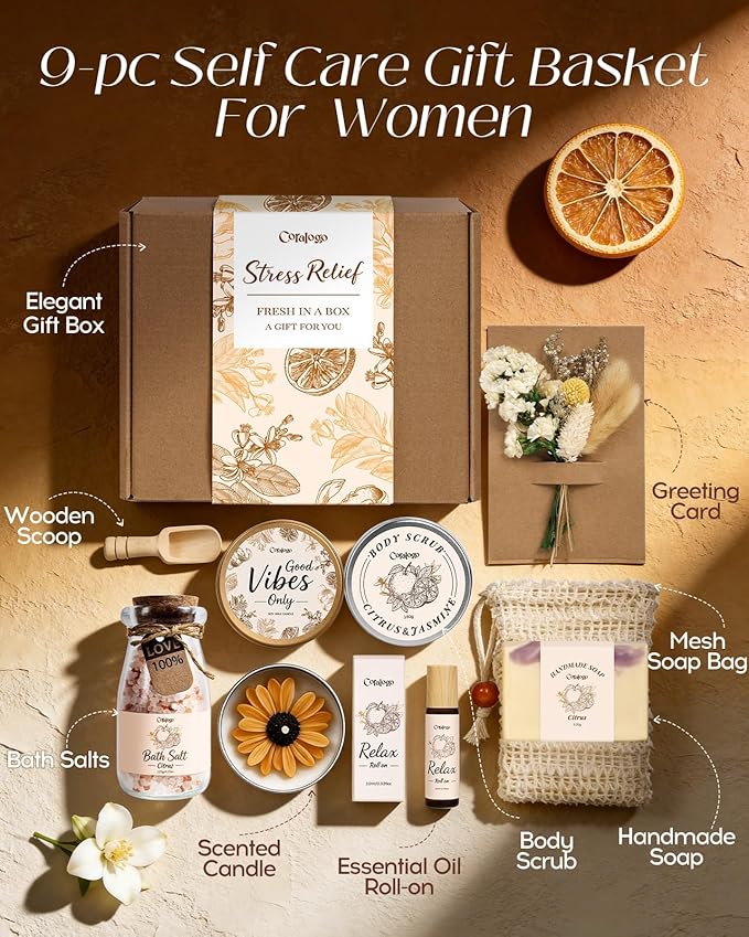 Coralogo Spa Gift Basket for Women - Natural Spa Gift Package Citrus Jasmine Scent Bath and Body Works Selfcare Relaxing Thinking of You Gift Set for Wife Mom Her on Mothers Day Birthday All Occasion