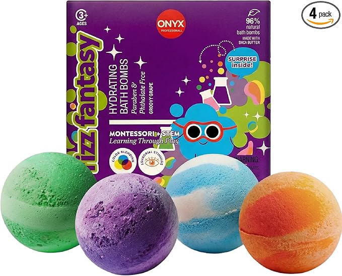 ONYX Professional Fizz Fantasy Bath Bomb for Kids, Groovy Grape Scented | Natural Kids Bath Bombs with Surprise Toy or Tattoo | Montessori & STEM Inspired Bath Play, 4 Count