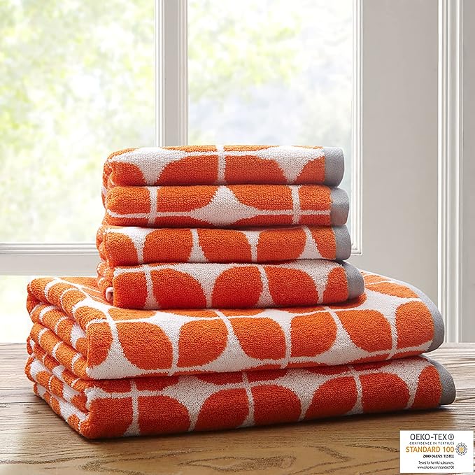 Intelligent Design Lita Cotton Bathroom Towels , Jacquard Highly Absorbent Bath Towel Set , 6-Piece Include 2 Bath Towels & 4 Hand Towels , Orange Grey