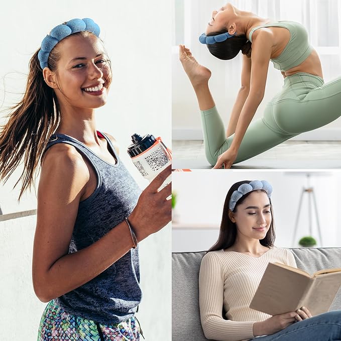 Spa Face Washing Headbands Set - 2 Terry Cloth Makeup Headbands, Combo Pack for Facial Skincare, Face Masks (Dark Blue + Light Blue)