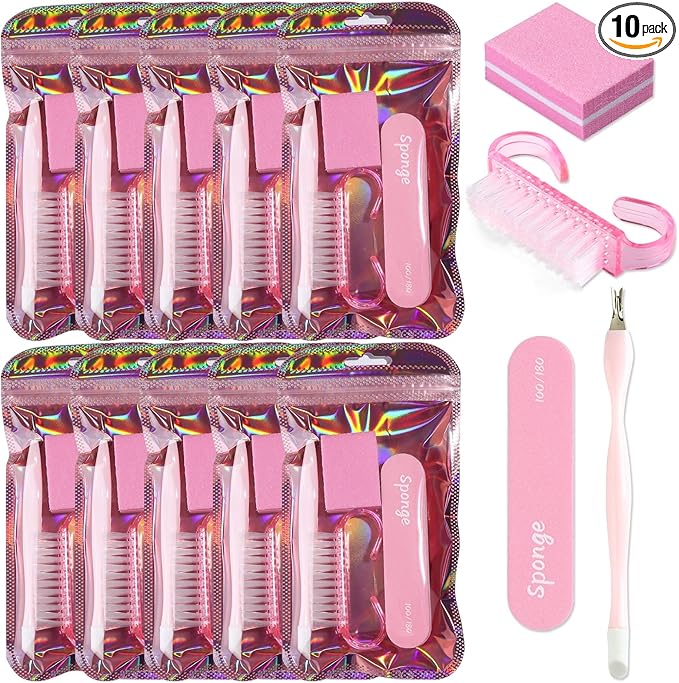 SUTOKAKA 10 Sets Disposable Manicure Prep Kit for Travel Home Salon, Individually-Packed 4 in 1 Pedicure Kit, 100/180 Grit Nail File, Mini Buffer, Cuticle Trimmer Pusher & Handle Grip Brush