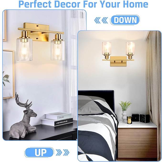 ShineTech 2-Light Gold Bathroom Vanity Fixtures, Modern Wall Lighting with Clear Glass, Brushed Brass Wall Sconce Light for Mirror, Living Room