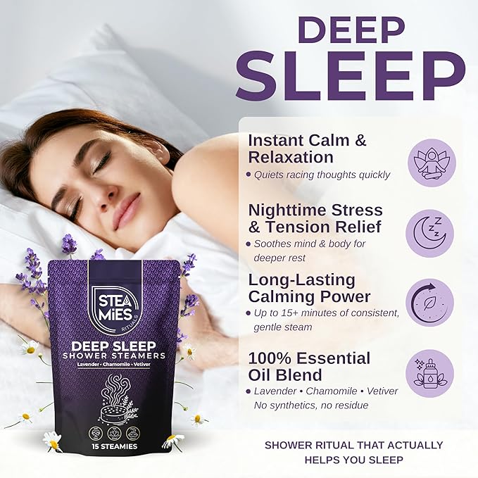 STEAMIES Shower Steamers Aromatherapy Deep Sleep 15 Pack – Premium Lavender Essential Oils Tablets with Chamomile & Vetiver, Relaxation & Stress Relief – Mothers Day Gifts for Mom, Gifts for Women