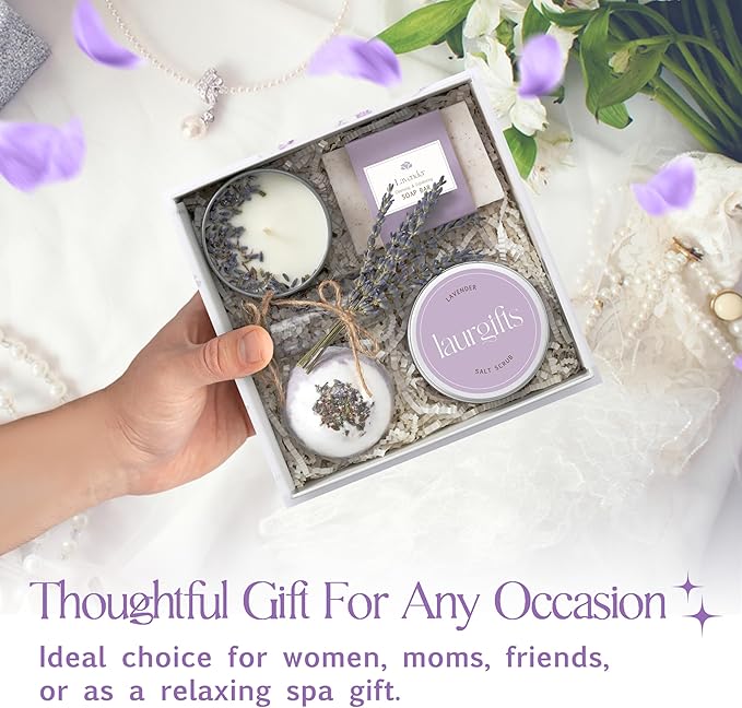 Mothers Day Gifts for Mom – Lavender Spa Gift Box, Small Candle Set with Bath Gifts, Relaxing Self Care Basket, Birthday Gift for Women