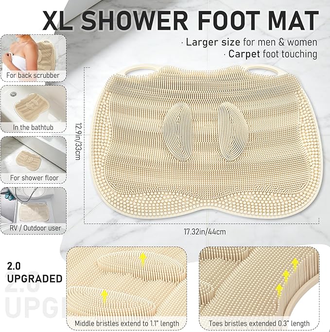 XL Shower Foot Scrubber Mat, Silicone Feet Massage Scrubber in Shower Clean Foot Toes Pad without Bending Non-slip Suction Cups Blood Circulation Exfoliate Smooth Achy Relief 17.4*13.4" Beige