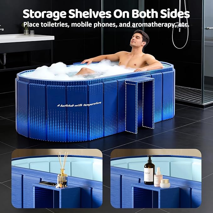 Portable Foldable Bathtub, Freestanding Bathtub No Installation, Bathroom SPA Soaking Bath Tub, Shower Stall Collapsible Hot & Ice Bath Tub (Blue with Storage Rack, 59"L x 21.6"W x 19.6"H)