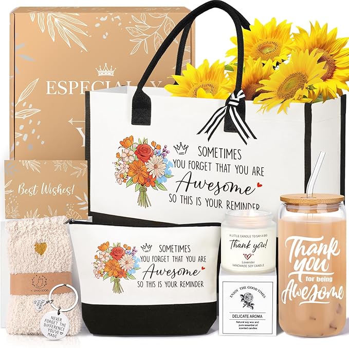 iAOVUEBY Thank You Gifts for Women, Employee Appreciation Gifts for Coworkers Teacher Nurse Boss Mom Farewell Retirement Thank You Gift Box, Canvas Tote Bag Tumbler Gratitude Gift Baskets