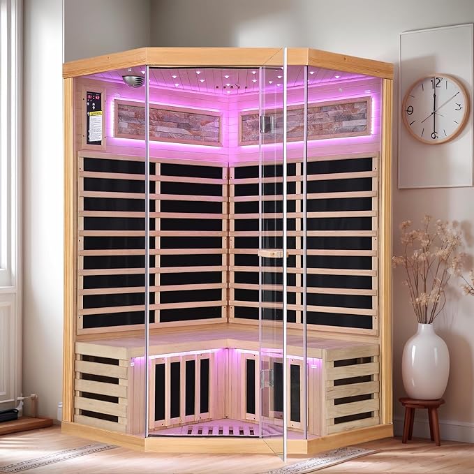 OUTEXER Sauna Corner Saunas for 2-3 Person 120V Home Indoor Canadian Hemlock Far Infrared Saunas 1935W Low-EMF Dry Saunas with 7 Color Starry Sky Ceiling Light Therapy 47.2 * 47.2 * 74.8inch