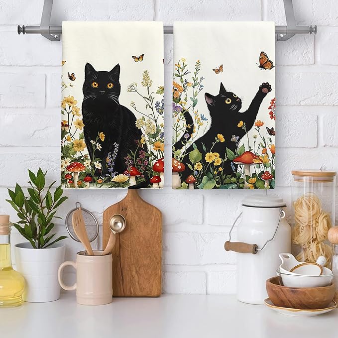 Accnicc 2 Pack Black Cat Bathroom Hand Towels Decorative Spring Floral Dish Kitchen Towel 16x27 Inch Botanical Butterfly Mushroom Wildflowers Absorbent Soft Microfiber Bath Towels Hotel Spa Decor