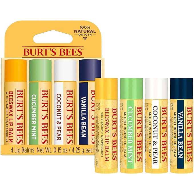 Burt's Bees 100% Natural Moisturizing Lip Balm, Multipack - Original Beeswax, Cucumber Mint, Coconut & Pear and Vanilla Bean with Beeswax & Fruit Extracts - 4 Tubes (Pack of 12)
