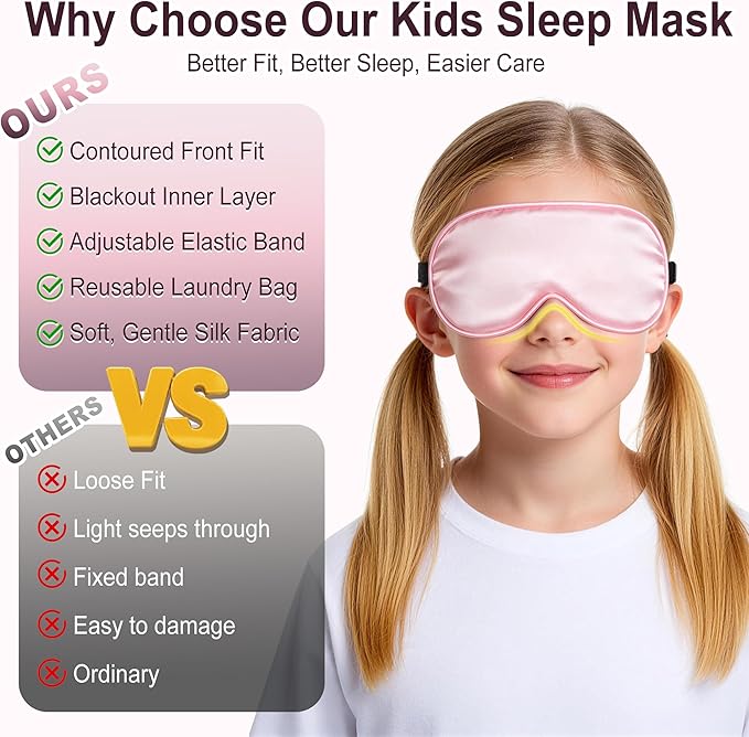 Kids Sleep Mask, Kids Eye Mask for Boys Girls, Kid Silk Eye Masks with Adjustable Strap for Sleeping, 100% Light-Blocking Sleep Eye Cover, Includes Protective Laundry Bag (Pink)
