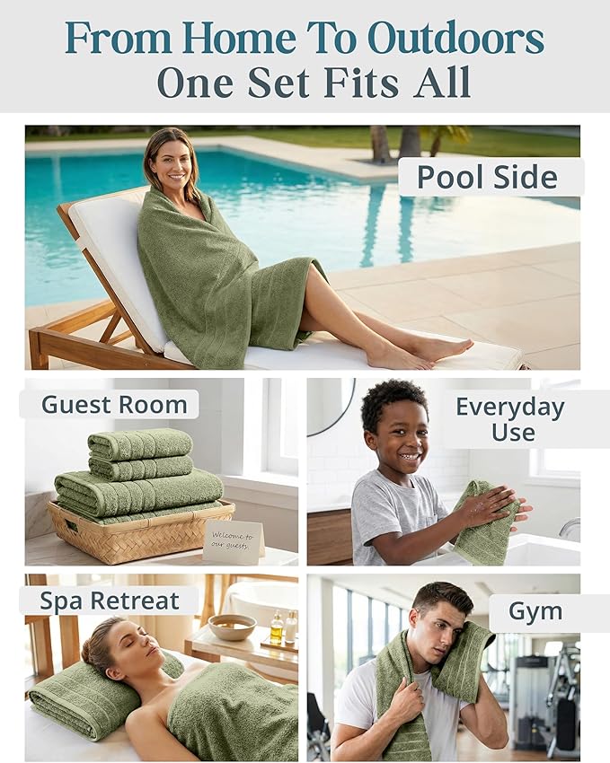 24-Piece Luxury Bathroom Towel Sets – 100% Cotton Bath Towel, 2 Bath Sheets, 2 Gym Towel, 2 Bath, 4 Fingertip, 6 Hand, 8 Washcloths, Highly Absorbent, Ideal for Spa, Hotel & Everyday Use – Oil Green