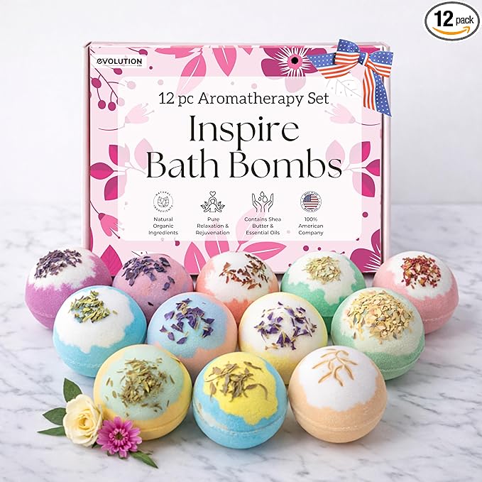 EvolutionUSA 12 Inspire Bath Bombs for Women & Girls – Flower Topped Bath Bombs Girls, Lush Bathbombs Set, Organic Bath Fizzers, Luxury Gift for Mothers Day, Birthday, Christmas, Easter or Self Care