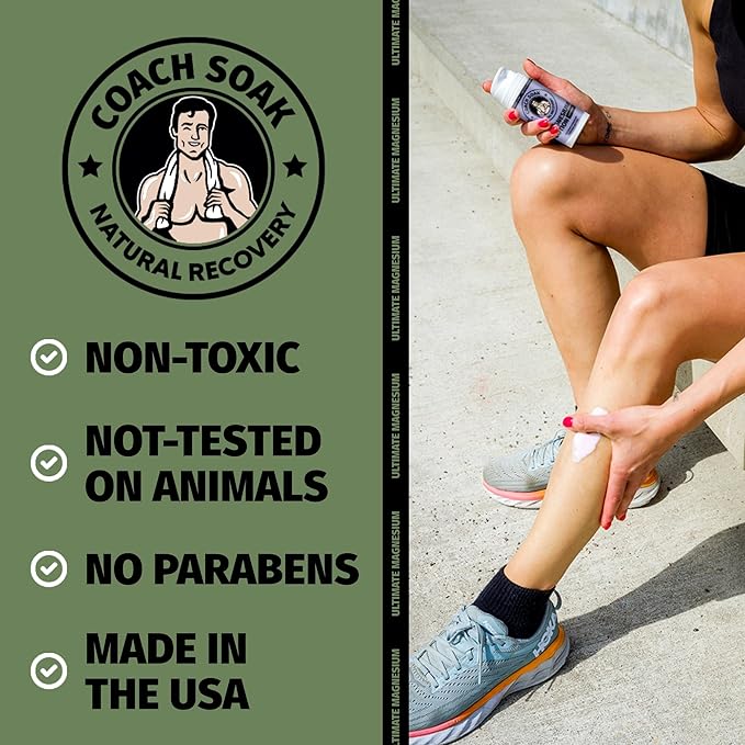 Coach Soak Magnesium Lotion with MSM - Magnesium Chloride & Menthol - Non-Greasy Alternative to Epsom Salt Lotion and Cream - Apply Before Sleep for Feet, Leg Cramps & Body - Eucalyptus 3.4oz