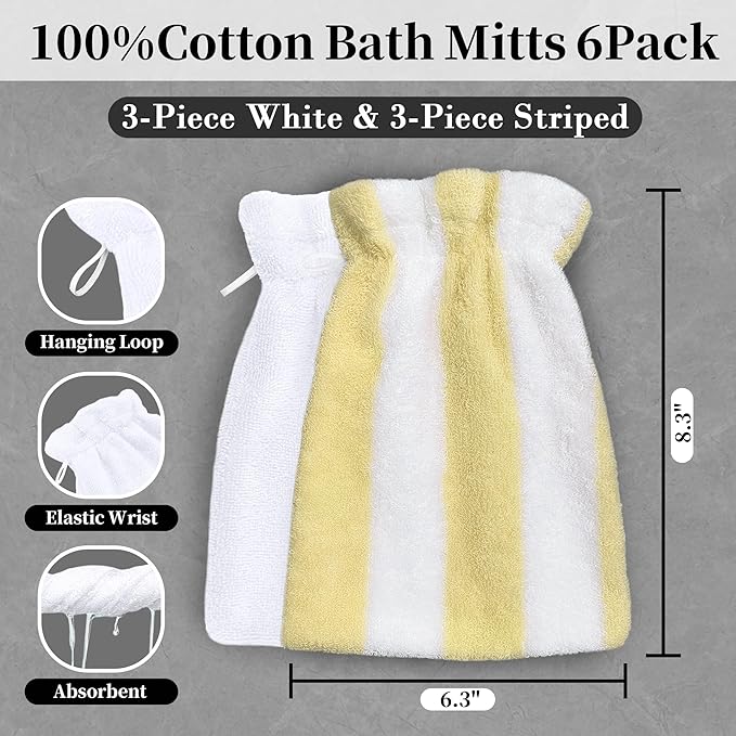 VOOVA & MOVAS Bath Washcloths 6-Pack, 8.3x6.3 Inch 100% Cotton Soft Absorbent Bath Mitt with Hanging Loop, European Style Wash Cloths for Shower & Bath, Yellow Stripe & White