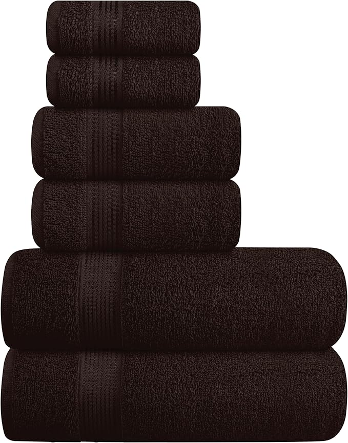 Elvana Home Ultra Soft 6 Pack Cotton Towel Set, Contains 2 Bath Towels 28x55 inch, 2 Hand Towels 16x24 inch & 2 Wash Coths 12x12 inch, Ideal for Everyday use, Compact & Lightweight - Brown