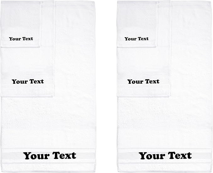 Personalize Your Towels with Custom Embroidery: Names, Monograms, and Initials. Perfect For Kids, Adults, Travel, Gifts, 6-Piece Towel Set; 2 Bath Towels, 2 Hand Towels, and 2 Wash Cloths - White