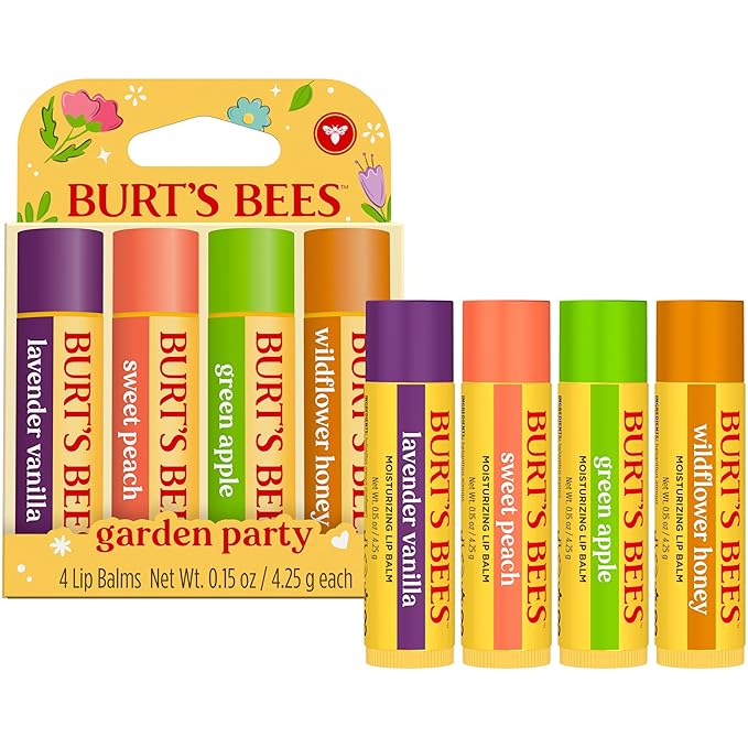 Burt's Bees 4 Pack Lavender Vanilla, Sweet Peach, Green Apple, Wildflower Honey; 24 Hour Moisture Moisturizing Lip Balm, 100% Natural Origin, Mother's Day Gift, 4 Tubes, 0.15 oz