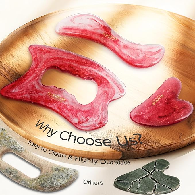 Scienlodic 3 Pcs Gua Sha Massage Tools for Face & Body (Red, Resin) - Scraping Tools for Back, Legs & Muscle Relaxation, Guasha Facial Tool for Jawline Contouring & Puffiness Reduction