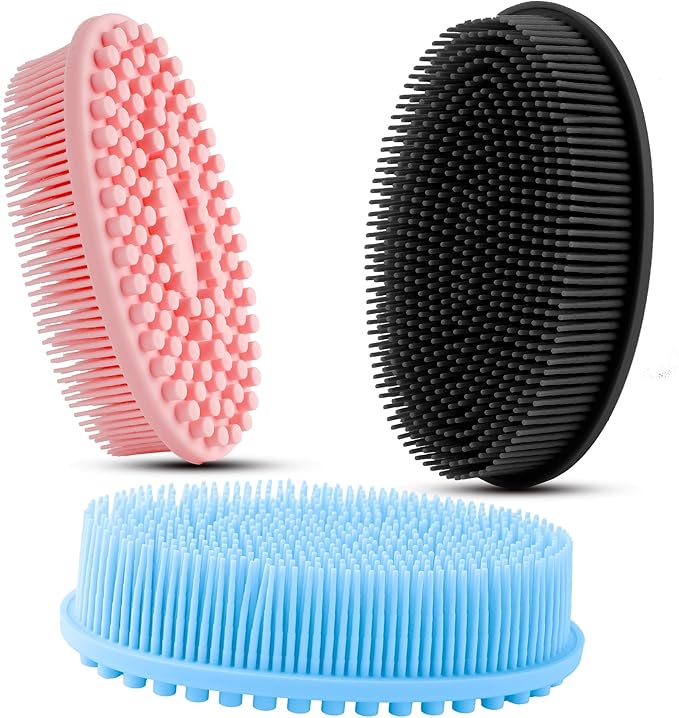 3 Pack Silicone Body Scrubber, Soft Silicone Loofah Exfoliating Body Scrubber, Silicone Body Brush Bath Shower Scrubber for Body, 2 in 1 Bath and Shampoo Wash Brush for Skin Exfoliation Men Women