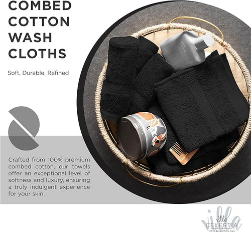100% Cotton Wash Cloth for face & Body Set of 6, (12 x 12 inches) Sustainable, Soft, Highly Absorbent, Combed Cotton Wash Cloths Pack of 6 for Hotels, Spa, Bathroom, Dorm, Black