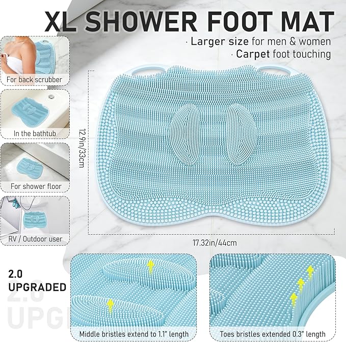 XL Shower Foot Scrubber Mat, Silicone Feet Massage Scrubber in Shower Clean Foot Toes Pad without Bending Non-slip Suction Cups -Blood Circulation Exfoliate Achy Relief 17.4*13.4" Light Blue