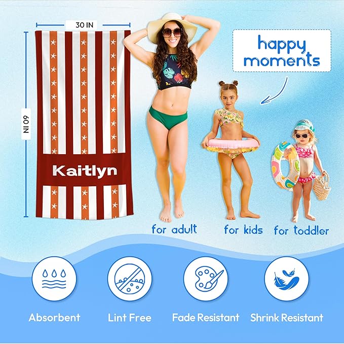 JML Custom Beach Towel with Name, Personalized Microfiber Beach Towel with Name, Large, Soft, Quick Dry & Absorbent for Swim, Pool,Adult,Summer Holiday,Vacation,Travel,Gift for Anniversary, Birthday