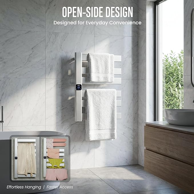 Towel Warmer, Heated Towel Rack with Built-in Timer and Temperature Control,Hard-Wired(Left-Wiring)/Plug-in Wall-Mounted Towel Rail, Aluminum, 18.8" W X 25.6" H, Silver