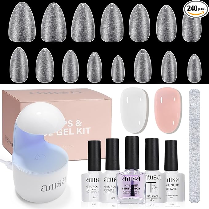 AILLSA Almond Nail Kit with U V Lamp 240pcs Short Gel Nail Tips and Glue Gel Kit with 2 in 1 Nail Glue Base Top Coat and Nail Dehydrator for Beginners DIY Home Salon