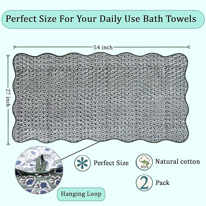 Ridhi Block Print Basil Green Cotton Spa/Beach Towel 27"x54" Set of 2 Handmade Bath Towel, Quick Dry Turkish Style Bath, Soft Absorbent Luxury Towel for Home, Gym & Spa, Boho Bathroom Décor