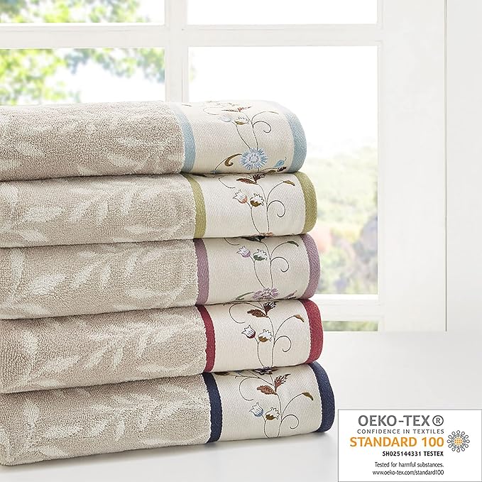 Madison Park Serene 100% Cotton Bath Towel Set Luxurious Floral Decorative Towels for Bathroom Embroidered Cotton Jacquard Design Soft Highly Absorbent for Shower 600 GSM, Multi-Sizes, Blue 6 Piece