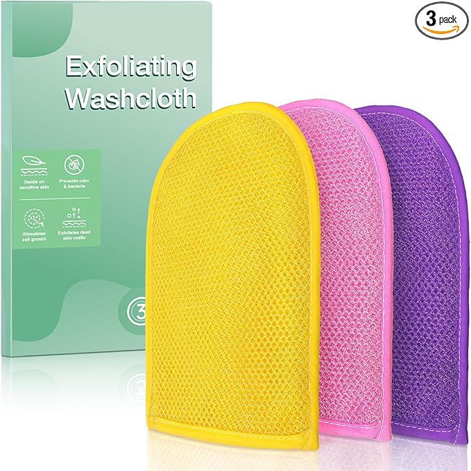 African Net Sponge Exfoliating Gloves, 3-Pack Bath Mitts for Deep Cleaning & Dead Skin Removal, Assorted Colors (Pink, Yellow, Purple)