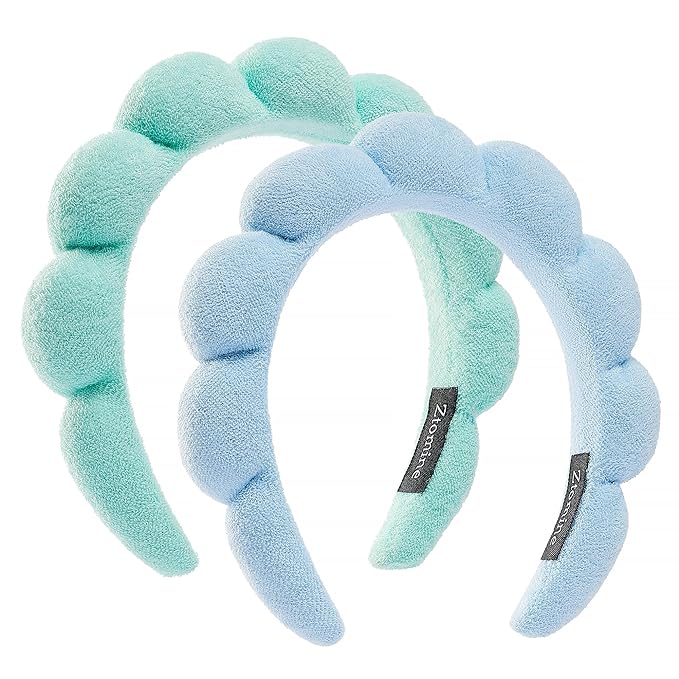 Ztomine Spa Terry Cloth Face Washing Headband Combo - Set of 2 Puffy Makeup Headbands for Facial Care (Blue + Turquoise)