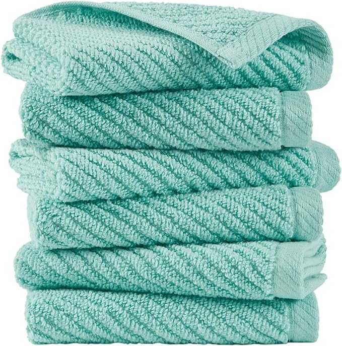 Madison Park 6-Piece Towel Washcloths Set for Bathroom 13" x 13" Diagonal Ribbed, Turquoise - 100% Cotton Soft Quick Dry & Absorbent Gift | Zero Twist, 500 GSM, Oeko-TEX, Hotel Quality