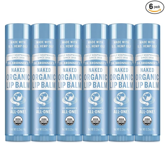 Dr. Bronner’s Organic Lip Balm 6-Pack (.15oz) Natural, Moisturizing, Petroleum-Free Lip Moisturizer with Beeswax & Avocado Oil for Dry Lips, Men & Women - Unscented