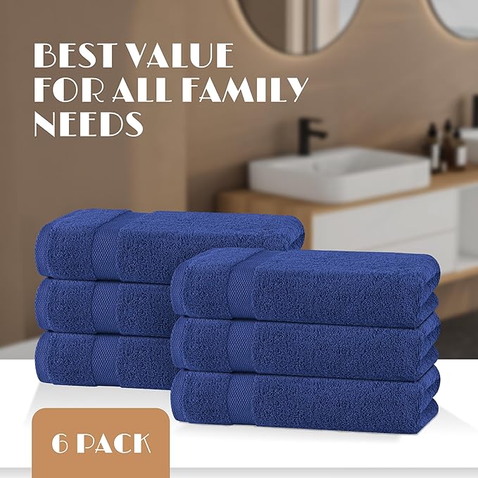 White Classic Wealuxe Navy Blue Bath Towels 24x50 Inch, Cotton Towel Set for Bathroom, Hotel, Gym, Spa, Soft Extra Absorbent Quick Dry 6 Pack