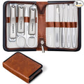 FAMILIFE Nail Care Kit 9-in-1 Professional - Carbon Steel Cuticle Scissors, Fingernail & Toenail Clippers for Nails, Manicure Set Travel Grooming Kit with Case (Brown)