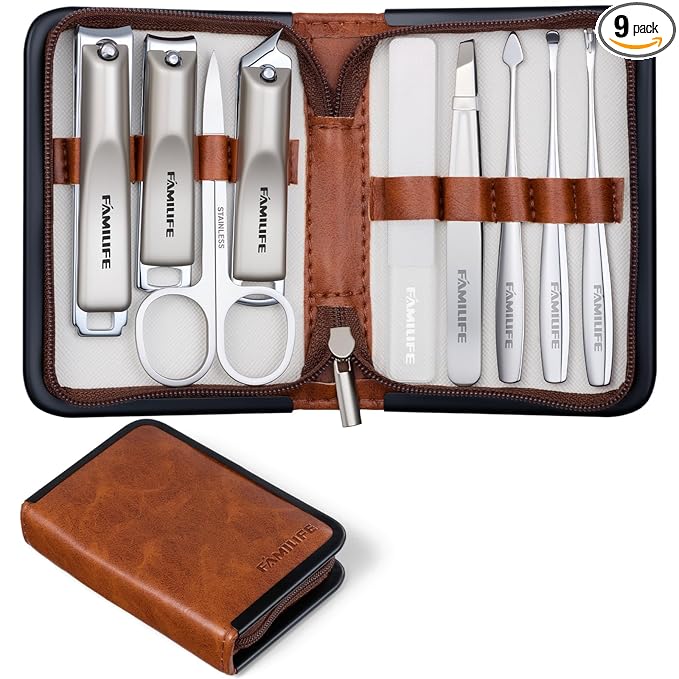 FAMILIFE Nail Care Kit 9-in-1 Professional - Carbon Steel Cuticle Scissors, Fingernail & Toenail Clippers for Nails, Manicure Set Travel Grooming Kit with Case (Brown)