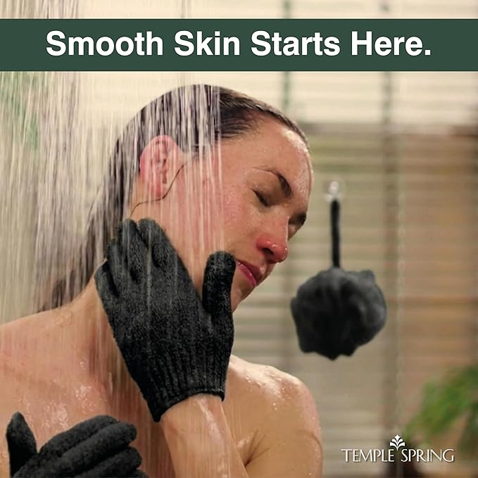 Temple Spring Shower Gloves Exfoliating for Women – Natural Textured Rayon Bamboo Exfoliating Glove with Thicker Weave for Deep Cleansing, Dead Skin Removal & Smooth Radiant Skin (1 Pair, Black)