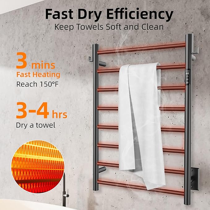 P&Dlusir Towel Warmer, Heated Towel Rack with Smart Timer and Thermo Control, Wall-Mounted Heated Towel Rail, Stainless Steel, Hard-Wired/Plug-in, Matte Black, 8 bar