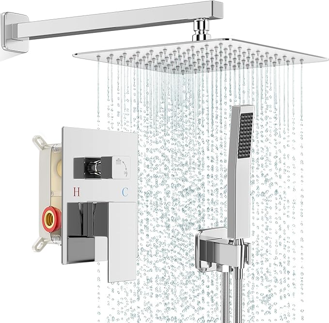 FPXRNG Shower Faucet Set Bathroom Square Rain Shower Head and Handle Set, Wall Mounted Shower Fixtures, Full Metal Trim Repair Kit 10 inch Polished Chrome (With Shower Valve)
