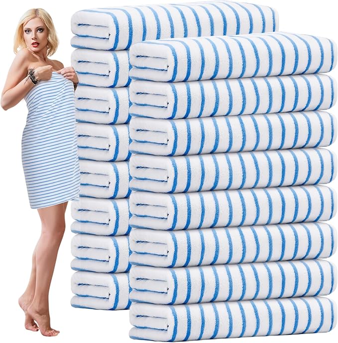 SmoothNovelty 16 Pack Microfiber Bath Towels Bulk 27'' x 60'' Oversized Size Bath Towel Highly Absorbent Extra Large Soft Drying for Beach Shower Summer Salon Sport Gym Party (Stripes,Blue)