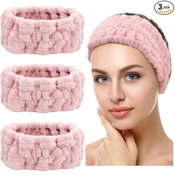 Chuangdi 3 Pieces Women's Makeup Headband - Elastic Head Wrap for Washing Face, Yoga, Sports, and Shower (Pink)