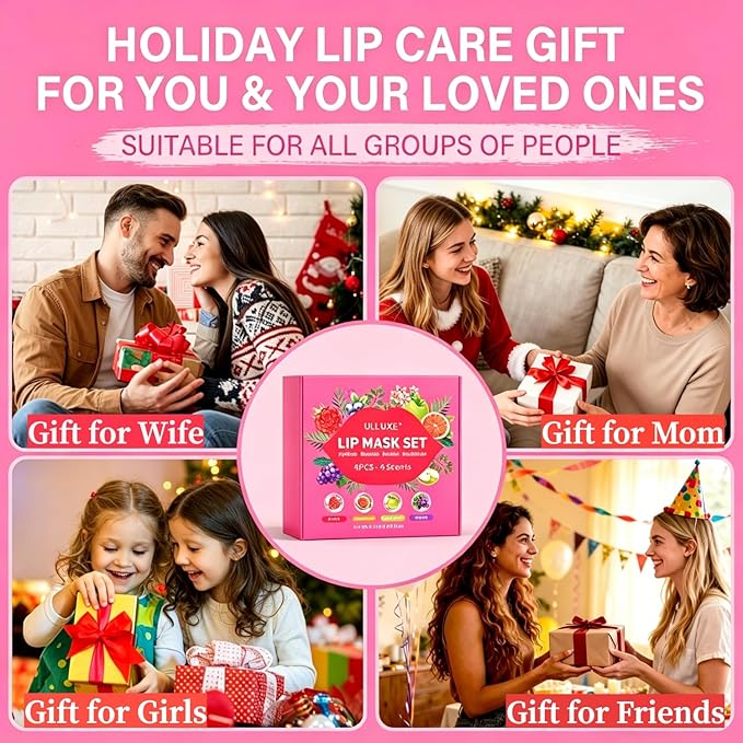 Lip Mask Set 4 Pcs, Mothers Day Gifts for Mom, Wife, Lip Care Products for Women & Teen Girls, Overnight Lip Masks to Hydrate, Nourish & Soften Lips, Lip Sleeping Mask to Moisturize Cracked Lips
