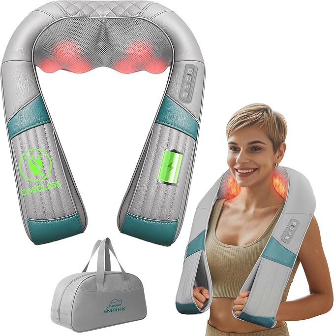 Snailax Cordless Neck Massager with Heat, Shiatsu Neck Back Massager for Pain Relief Deep Tissue, Rechargeable 4D Knead Shoulder Massager Pillow, with Portable Carry Bag, Gifts for Mom, Dad
