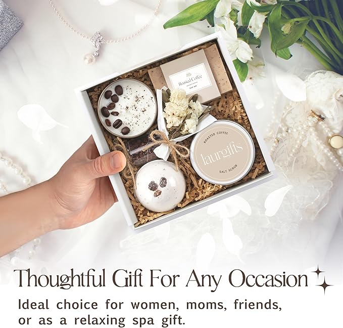 Mothers Day Spa Box for Women – Coffee Scented Candle Set with Bath Bomb & Salt Scrub, Handmade Birthday Present for Her