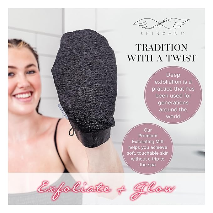 Seraphic Skincare Original Premium Exfoliating Mitt for Body (1pc) – 100% Vegan Viscose Traditional Body Scrub Glove Kessa Korean Washcloth – Body Exfoliator for Self-Tan Removal & Keratosis Pilaris